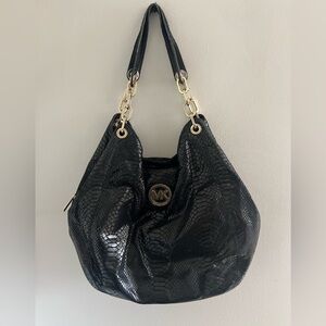 Michael Kors Black Snake-Embossed Hobo with Gold Hardware